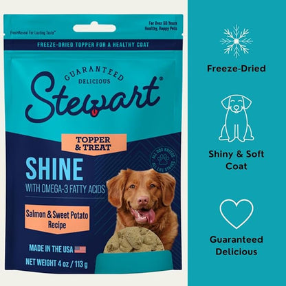 Stewart Freeze Dried Dog Food Topper, Shine, Salmon and Sweet Potato Recipe, 4 Ounce Pouch, Omega-3 for a Healthy Coat