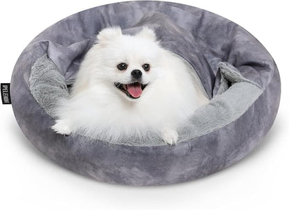 Cozy Soft Dog Bed with Hooded Blanket Warm Calming Cat Cave for Small Medium Dogs and Cats 23x23x6″