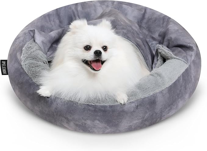 Cozy Soft Dog Bed with Hooded Blanket Warm Calming Cat Cave for Small Medium Dogs and Cats 26x26x7″