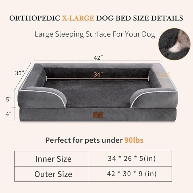 XL Dog Bed with Bolster, Waterproof Orthopedic Foam Dog Beds for Extra Large Dogs, Washable Dog Bed Sofa Pet Bed with Removable Cover & Non-Slip Bottom(X-Large,Dark Grey)