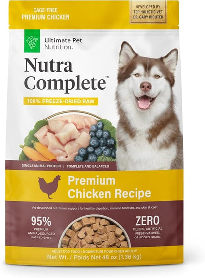 ULTIMATE PET NUTRITION Nutra Complete Raw Freeze Dried Dog Food, Veterinarian Formulated with Antioxidants, Prebiotics & Amino Acids (3 Pound, Chicken)