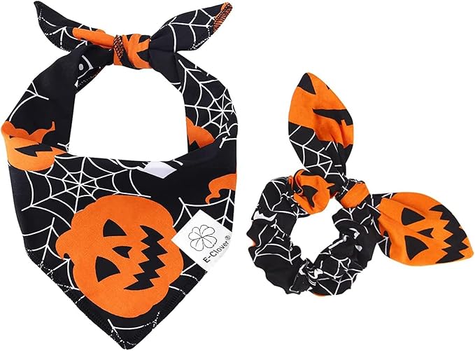 E-Clover Halloween Dog Bandanas-Pumpkin Dog Bandana Matching Scrunchie