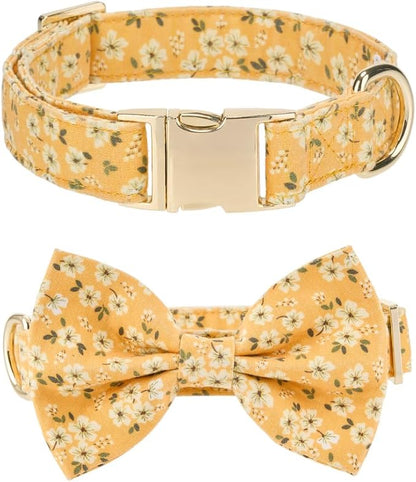 Adjustable Pet Bow Tie and Dog Collar for Small Medium Large Dogs, Puppy Collar with Bowtie, Cute Bow and Dog Collars - Comfortable, Soft, and Durable (Large, Yellow Floral)