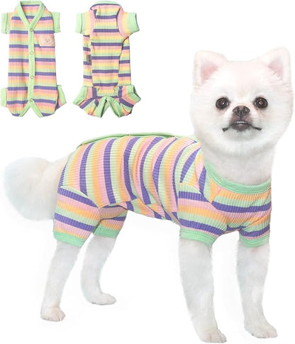 TONY HOBY Dog Pajamas, Dog 4 Legged Pajamas Jumpsuit with Rainbow Stripe, Female Dog Pajamas Pet Clothes for Small Medium Size Dog (Green&Yellow, Girl, XL)