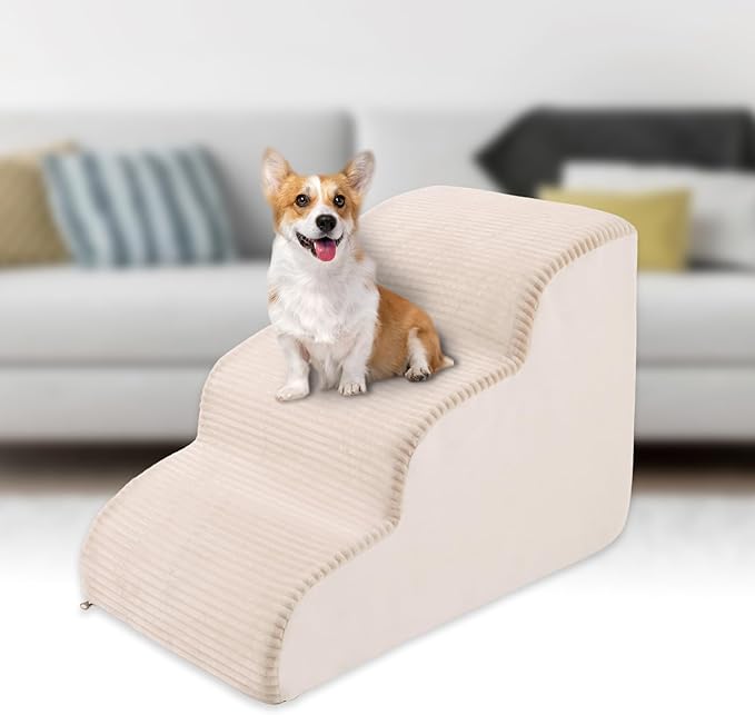 High Density Foam Dog Stairs Steps 17.8’’ Non-Slip 3-Tiers (Beige)