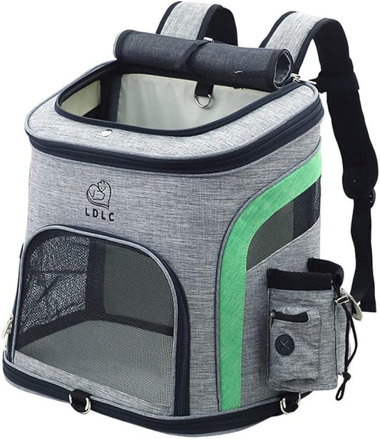 Pet Carrier Backpack for Small Cats and Dog,Breathable Mesh Puppies/Ventilated Design,Two-Sided Entry,Pet Bag for Hiking Travel Camping Outdoor Hold Pets (L, Grey and Green)