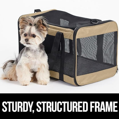 Gorilla Grip Airline Travel Cat Carrier Bag Up to 15 Lbs, Breathable Mesh Collapsible Pet Carriers for Small, Medium Cats, Small Dogs, Puppies, Portable Kennel with Soft Washable Waterproof Pad, Beige