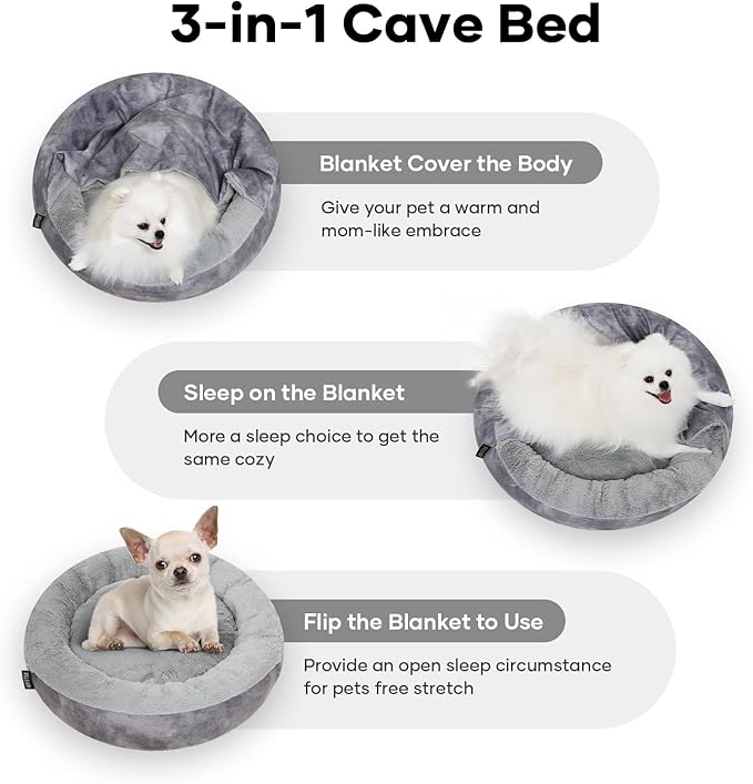 Cozy Soft Dog Bed with Hooded Blanket Warm Calming Cat Cave for Small Medium Dogs and Cats 26x26x7″