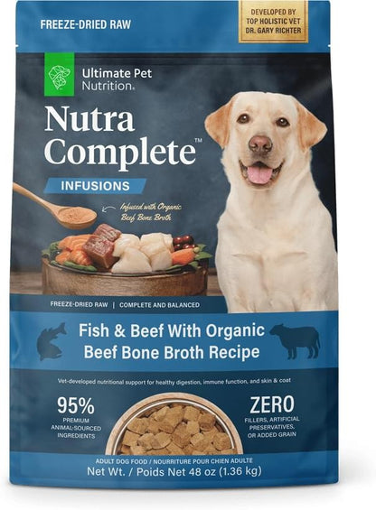 ULTIMATE PET NUTRITION Nutra Complete Bone Broth Infusions, 100% Freeze Dried Veterinarian Formulated Raw Dog Food with Antioxidants Prebiotics and Amino Acids, (3 Pound, Bone Broth Fish)