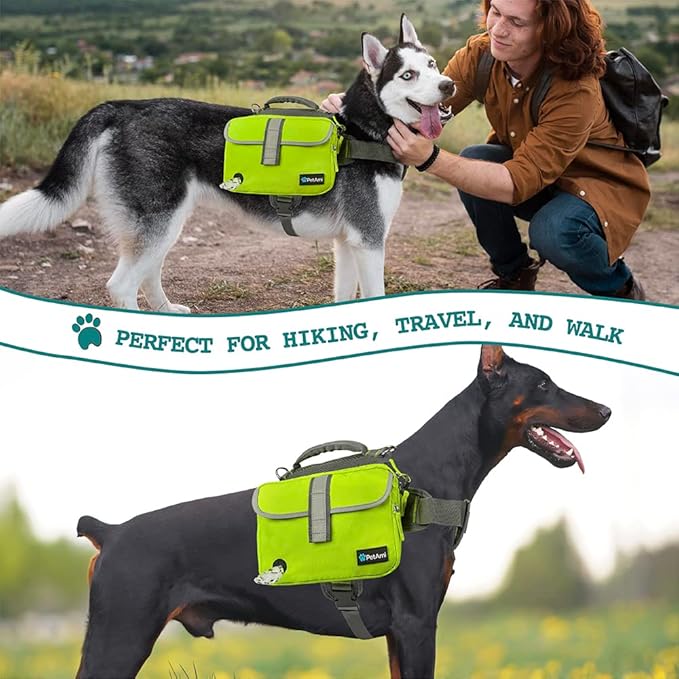 PetAmi Dog Backpack for Medium Large Dogs, Dog Saddle Bag for Dogs to Wear, Harness Saddlebag with Reflective Safety Side Pockets for Hiking, Camping, Vest Dog Pack for Travel (Green, Medium)