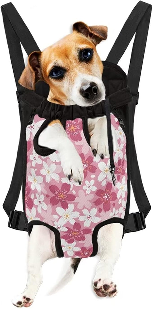 Pink Floral Design Legs-Out Front Chest Backpack,Adjustable Shoulder Sling Bag for Small Medium Dogs Cats Puppies Women Girls Outdoor Pets Cat Hands-Free Holder,L