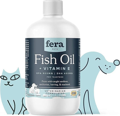 Fera Pets Fish Oil for Dogs & Cats – 8oz, 48 Servings – Vet Created - Liquid Fish Oil with Wild-Caught Fish - for Pet’s Skin, Immune & Brain Function