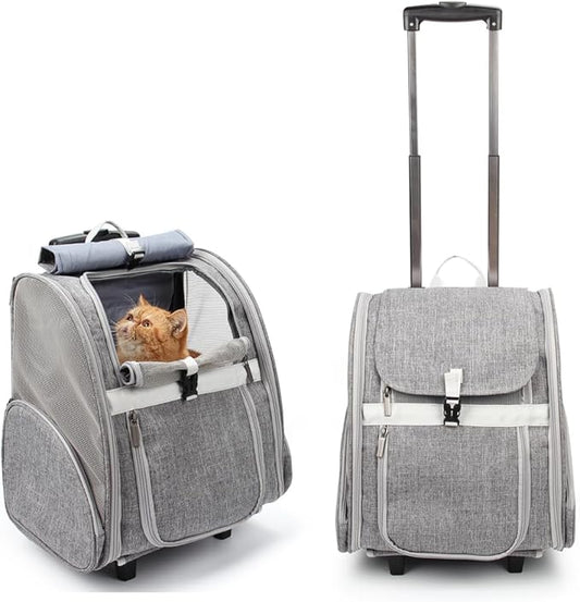 Lollimeow Pet Rolling Carrier, Dog Backpack with Wheels,Cats,Puppies Travel Bag with Wheels,Dog Trolley(Grey)