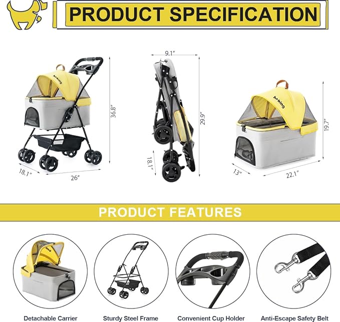 3 in 1 Pet Stroller for Small Dogs and Cats 4 Wheels