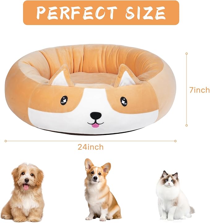 26" Corgi Pet Bed, Calming Dog & Cat Plush Bed, Fulffy Comfy Padded Cat Mat Plush Pet Bed, Non-Slip Bottom, Soft Washable Sleeping Dog Cot for Medium Small Dogs Cat Puppy Kitty