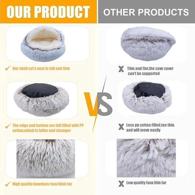 Calming Round Dog Beds &Cat Cave Bed with Hooded Cover 25.6X 25.6inch)