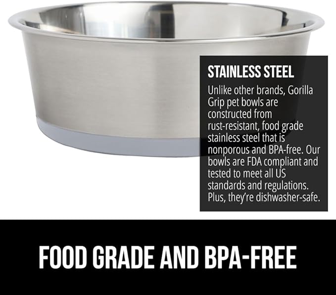 Gorilla Grip Stainless Steel Metal Dog Bowl Set of 2, Rubber Base, Heavy Duty Feeding Dishes, Food Grade BPA Free, Less Sliding, Quiet Pet Bowls for Cats and Dogs, Holds 8 Cups (64 fl oz), Lt Gray