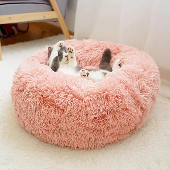 otoez Kitten Puppy Bed Extra Small XS Round Dog Cat Beds Anti Anxiety Plush Pet Calming Donut Bed with Non-Slip Waterproof Bottom (15.7", Pink)
