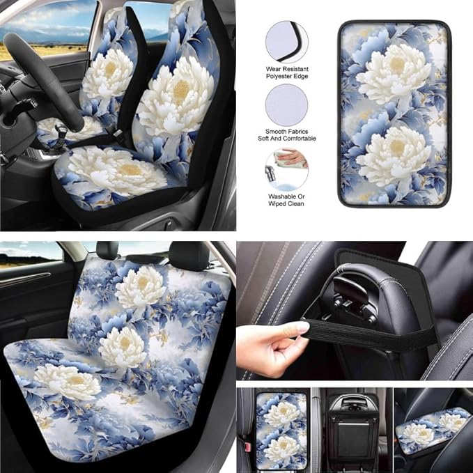 Watercolor Peony Car Seat Covers Full Set White