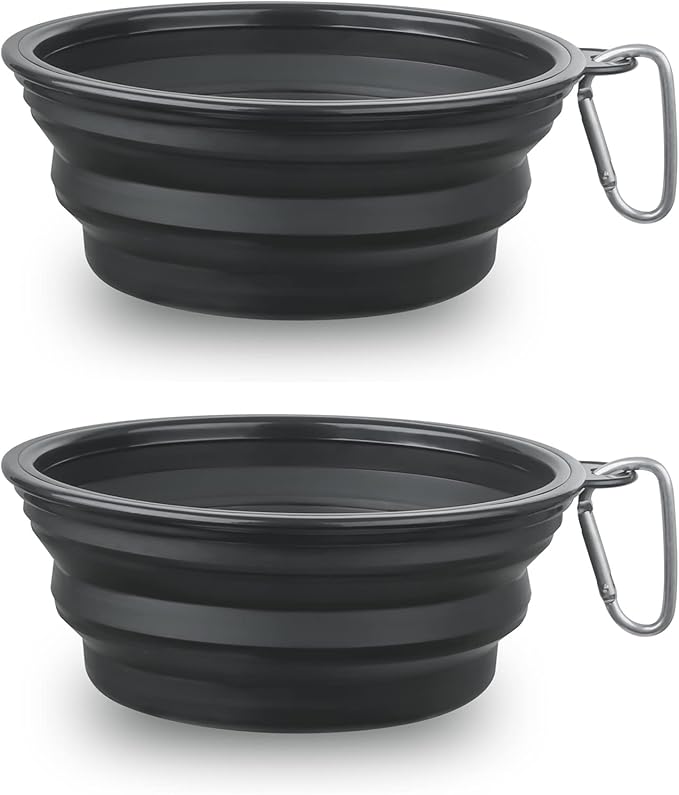 Dog Bowl Pet Collapsible Bowls, 2 Pack Collapsible Dog Water Bowls for Cats Dogs, Portable Pet Feeding Watering Dish for Walking Parking Traveling with 2 Carabiners (Large, Black+Black)