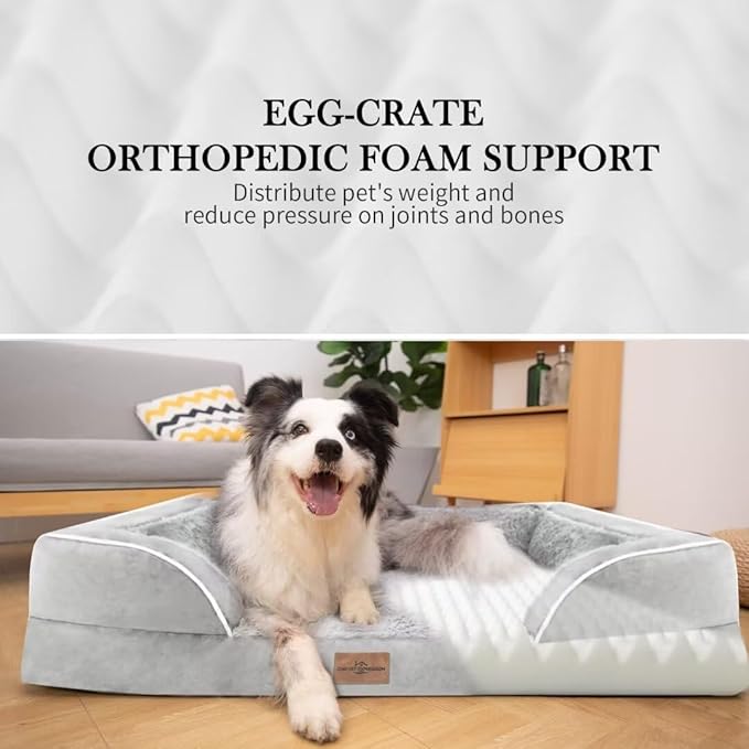 XL Dog Bed Waterproof, Extra Large Dog Beds Orthopedic Foam, Large Dog Beds with Bolster, Washable Dog Bed Sofa Pet Bed with Removable Cover & Non-Slip Bottom(X-Large,Grey White)