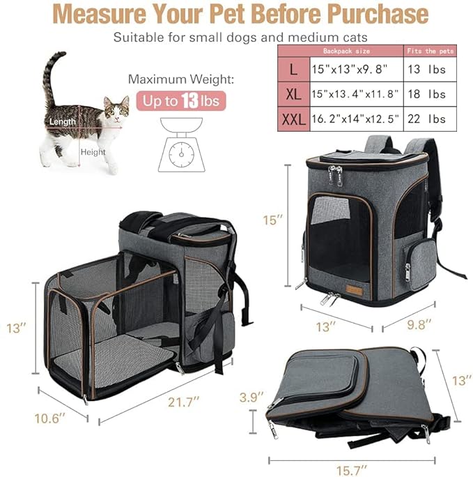 Lekereise Cat Backpack Expandable Pet Carrier Backpack for Small Cats and Dogs, Airline-Approved Foldable Dog Carrier Backpack with Inner Safety Leash, Grey