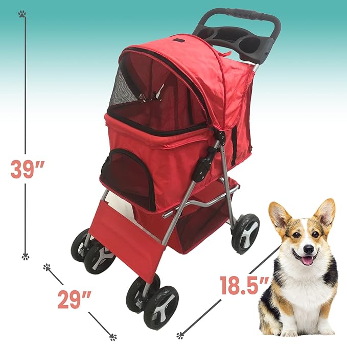 Critter Sitters 4-Wheel Dog Stroller for Small or Medium Sized Dogs and Cats with Scratch Resistant Breathable Mesh Windows and Safety Leash