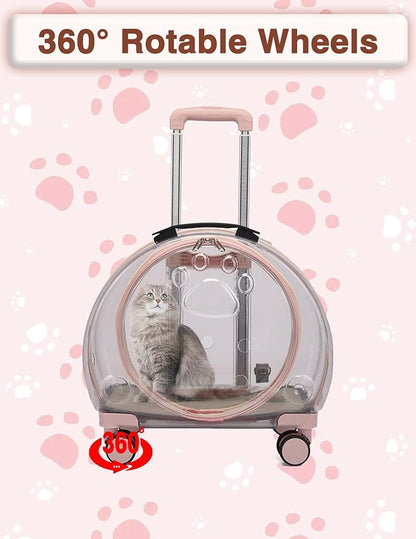 Cat Carrier with Wheels, Acrylic Rolling Cat Carrier with Retractable Pull Rods and Swivel Wheels, Comfortable and Breathable Pet Carrier with Wheels for Small Pets Kittens Dogs Rabbits(Light Pink)