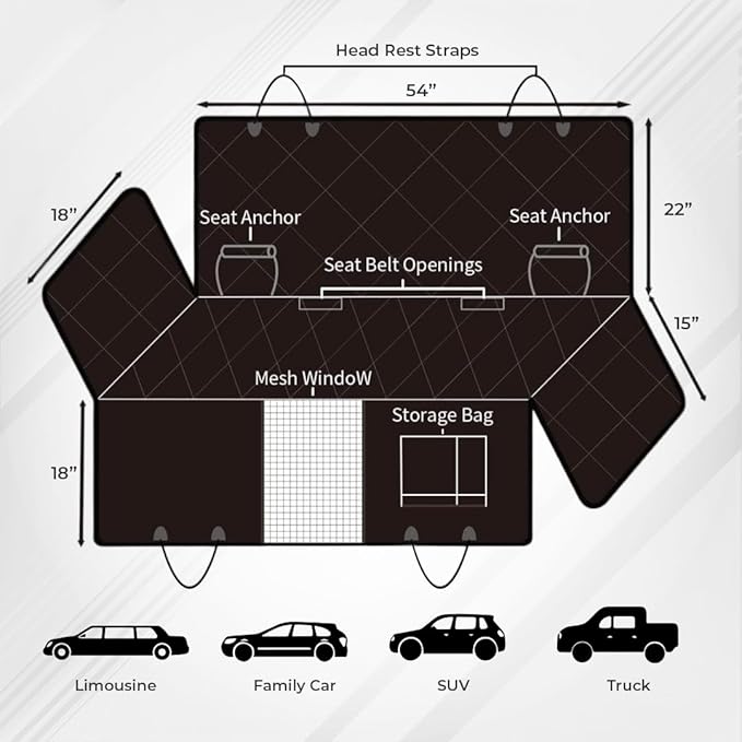 Backseat Extender for Dogs Hard Bottom 100% Waterproof, 330lb, Anti-Slip 600D Oxford 1 Year