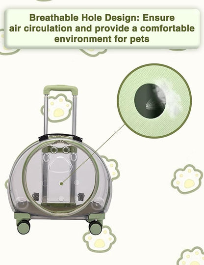 Cat Carrier with Wheels, Acrylic Rolling Cat Carrier, Retractable Pull Rods and Swivel Wheels, Comfortable and Breathable Pet Trolley Case Pet Carrier for Small Pets Kittens Dogs Rabbits(Light Green)