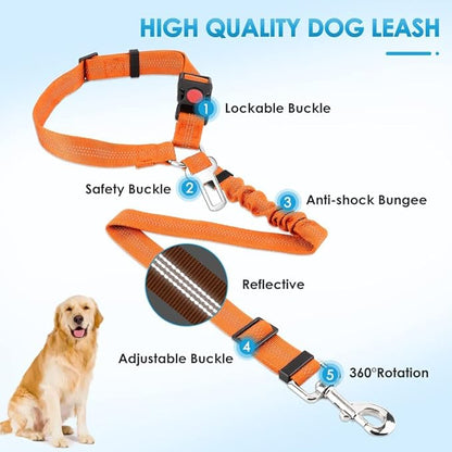 Lukovee Dog Car Seat Belt, 2 Pack Headrest Restraint Seatbelt, Adjustable Pet Safety Leads with Reflective Elastic Bungee for Dog Harness Collar Travel Daily Use (Orange,Headrest + Clip)