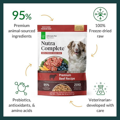 ULTIMATE PET NUTRITION Nutra Complete, 100% Freeze Dried Veterinarian Formulated Raw Dog Food with Antioxidants Prebiotics and Amino Acids, (1 Pound, Beef)