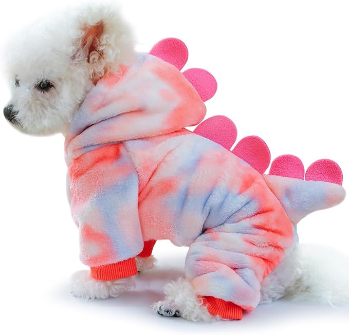 Idepet Halloween Dog Costume Dinosaur Clothes for Small Dogs,Fleece Winter Puppy Hoodies with Leash Ring Pet Cold Weather Coat Funny Outfits Party Apparel for Halloween Christmas (Pink, Large)