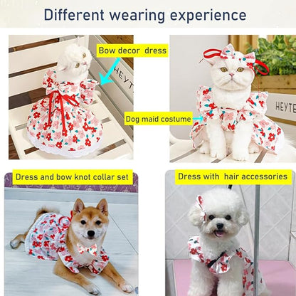 ANIAC Floral Dog Dress with D-Ring Dog Dresses for Small Dogs Girl Bow Cat Dress for Cat only Dog Outfit Summer Puppy Clothes for Chihuahua Yorkie Dachshund Pomeranian (Large