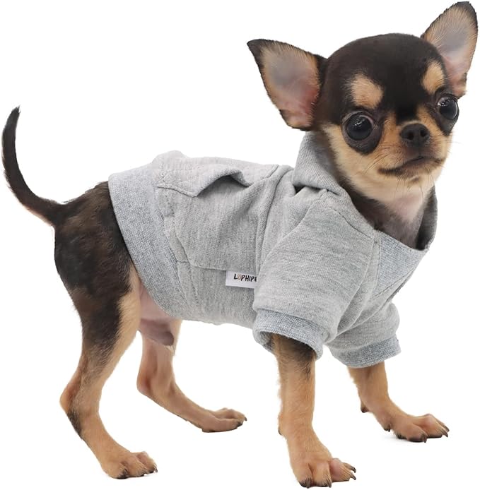 LOPHIPETS Lightweight Cotton Hoodie for Small Dogs – Hooded Sweatshirt for Chihuahuas Puppy and Toy Breeds-Grey/XXS