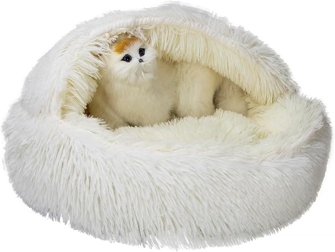 Cat Bed Round Fluffy Hooded Cat Bed Cave