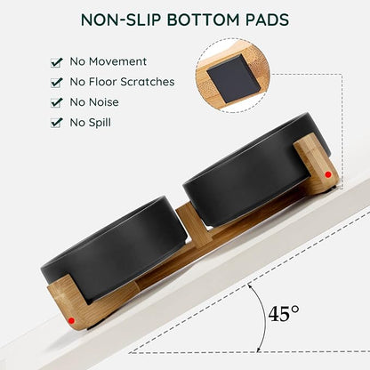 SPUNKYJUNKY Ceramic Dog and Cat Bowl Set with Wooden Stand, Modern Cute Weighted Food Water Set for Small Size Dogs (13.5OZ) & Medium Sized Dogs (28.7OZ) & Cats (1.7 Cups, 2 × Black)
