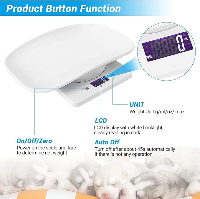 Puppy Scales for Weighing, Multi-Function LCD Digital Puppy Scale for whelping Dogs with Pet Thermometer＆Nail Clipper, Perfect for Puppy/Hamster/Hedgehog/Food, Capacity up to 33 lb