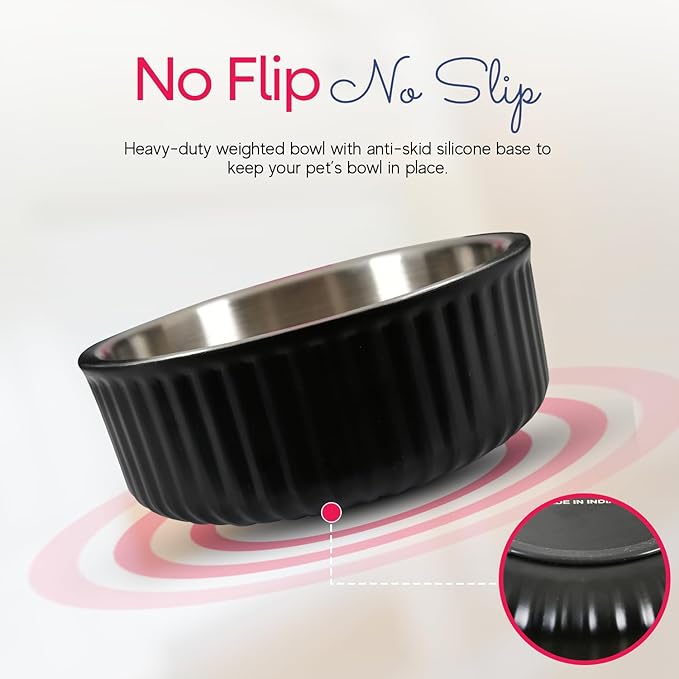 Stainless Steel Pet Bowl - Dog Food Bowl with Anti-Skid Bottom - Metal Cat Bowls - Water Bowl for Small, Medium, and Large Pets - Rust-Proof and Dishwasher-Safe (Black, 74 Oz/2200ml)