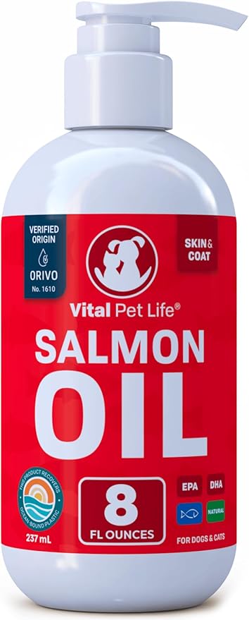 Salmon Oil for Dogs & Cats - Healthy Skin & Coat, Fish Oil, Omega 3 EPA DHA, Liquid Food Supplement for Pets, All Natural, Supports Joint & Bone Health, Natural Allergy & Inflammation Defense, 8 oz