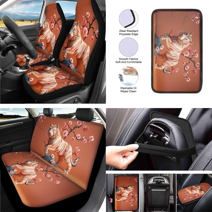 Orange Tiger Paper Sculpture 13 PCS Car Seat Cover Flower Tigers Full Set Front Back Seat Covers Steering Wheel Cover