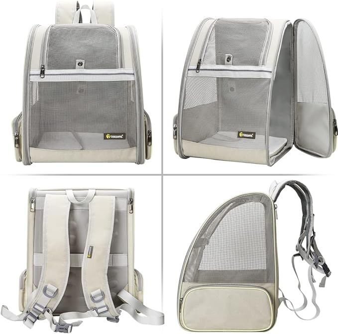 Texsens Pet Backpack Carrier for Small Cats Dogs | Ventilated Design, Safety Straps, Buckle Support, Collapsible | Designed for Travel, Hiking & Outdoor Use (Creamy White)