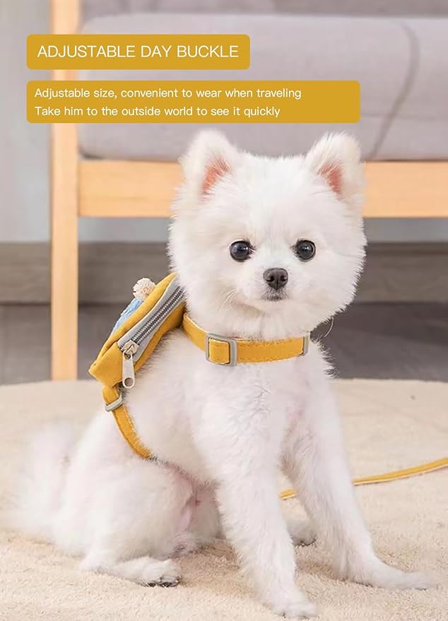 Dog Backpack Harness with Leash Pet Self Carrier Adjustable Travel Hiking Walking Harness Backpack for Small Dogs & Cats (Yellow, M)