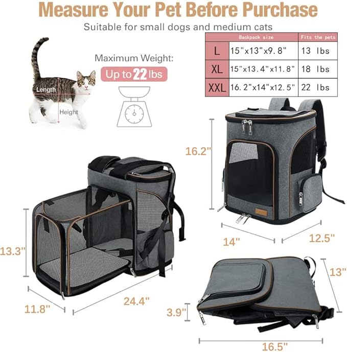 Lekereise Pet Carrier Backpack Expandable Cat Backpack for Medium Dogs and Large Cats 20-25 Lbs, Grey