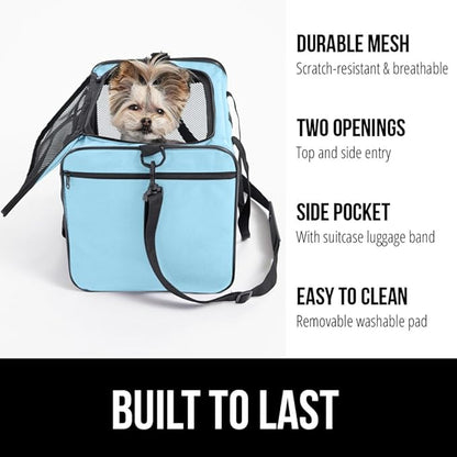 Gorilla Grip Airline Travel Cat Carrier Bag Up to 15 Lbs, Breathable Mesh Collapsible Pet Carriers for Small, Medium Cats, Small Dogs, Puppies, Portable Kennel with Soft Washable Waterproof Pad, Blue