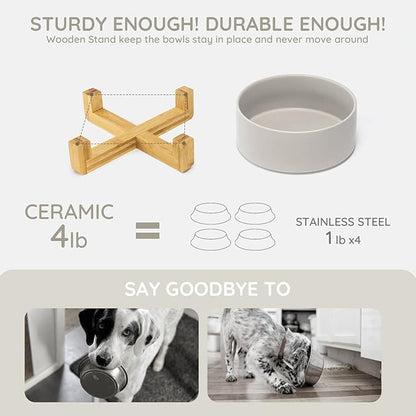 SPUNKYJUNKY Ceramic Dog and Cat Bowl Set with Wooden Stand, Modern Cute Weighted Food Water Set for Small Size Dogs (13.5OZ) & Medium Sized Dogs (28.7OZ) & Cats (7.6 Cups, Grey×1)