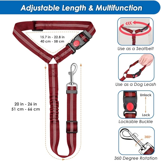 Lukovee Dog Seatbelt Leash for Cars, 2 Pack Pet Safety Car Seat Belt with Adjustable Buckle & Reflective Bungee, Connect Dog Harness in Vehicle Car Dogs Restraint Travel Daily Use (Red)