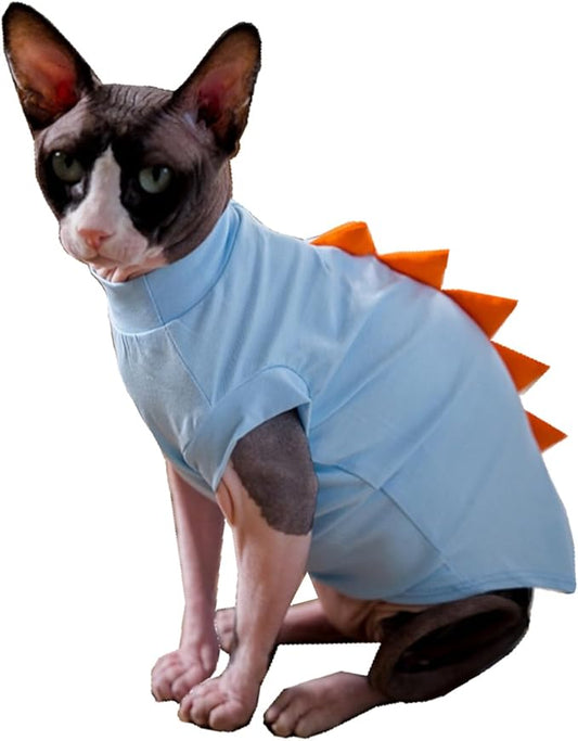 Dinosaur Sphynx Hairless Cat Clothes Cute Summer Cotton Shirts Cat Costume Pet Clothes Kitten T-Shirts Cats Small Dogs Apparel (Lake Blue