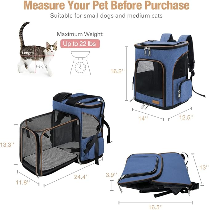 Lekereise Large Cat Backpack Carrier Fit Up to 20 25 Lbs, Expandable Pet Carrier Backpack Foldable Dog Backpack Carrier, Blue