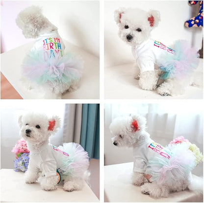 Dog Birthday Princess Tutu Dress for Small Dogs Girl + Adjustable Puppy Cat Birthday Party hat Cake Shaped (Dress+hat